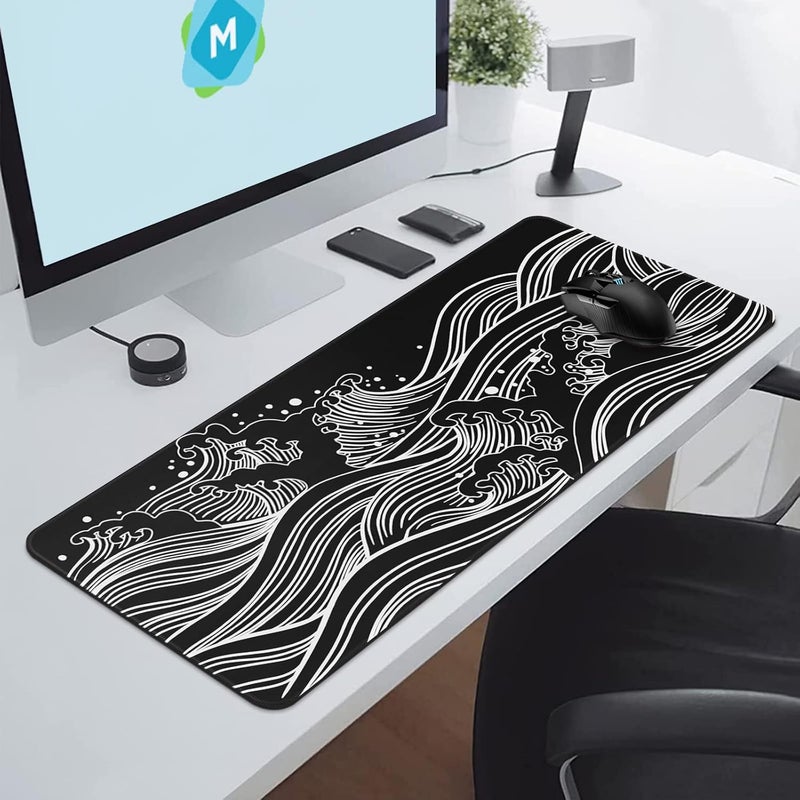 DIGSOM Gaming Mouse Pad - Large 31.5 x 11.8 in Black and White with Stitching Edges, Non-Slip Rubber Base Large Mouse Mat and Keyboard Pad (Sea Wave) - Image 4